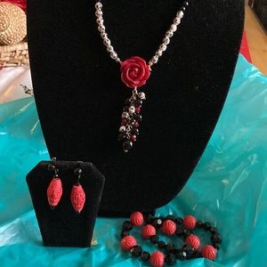 Rose long length necklace, matching earrings and bracelet